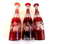 Victorian Art Glass Ruby Stained Triple Wine Decanter Set Silver Caddy c. 1850 Victorian Art Glass Ruby Stained Triple Wine Decanter Set Silver Caddy c. 1850
