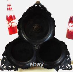Victorian Art Glass Ruby Stained Triple Wine Decanter Set Silver Caddy c. 1850 Victorian Art Glass Ruby Stained Triple Wine Decanter Set Silver Caddy c. 1850