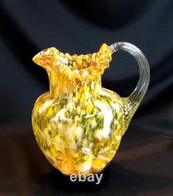 Victorian Art Glass Spatter Ruffled Pitcher 8 Yellow & Orange Clear Handle Victorian Art Glass Spatter Ruffled Pitcher 8 Yellow & Orange Clear Handle