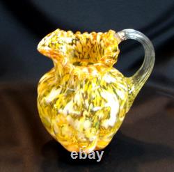 Victorian Art Glass Spatter Ruffled Pitcher 8 Yellow & Orange Clear Handle Victorian Art Glass Spatter Ruffled Pitcher 8 Yellow & Orange Clear Handle