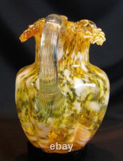 Victorian Art Glass Spatter Ruffled Pitcher 8 Yellow & Orange Clear Handle Victorian Art Glass Spatter Ruffled Pitcher 8 Yellow & Orange Clear Handle
