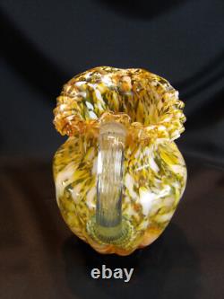 Victorian Art Glass Spatter Ruffled Pitcher 8 Yellow & Orange Clear Handle Victorian Art Glass Spatter Ruffled Pitcher 8 Yellow & Orange Clear Handle