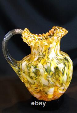 Victorian Art Glass Spatter Ruffled Pitcher 8 Yellow & Orange Clear Handle Victorian Art Glass Spatter Ruffled Pitcher 8 Yellow & Orange Clear Handle