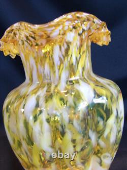 Victorian Art Glass Spatter Ruffled Pitcher 8 Yellow & Orange Clear Handle Victorian Art Glass Spatter Ruffled Pitcher 8 Yellow & Orange Clear Handle