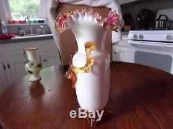 Victorian Art Glass Stevens & Williams Amber Footed Appled Flowers Ruffle Vase