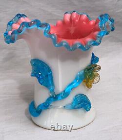 Victorian Art Glass Stevens and Williams Peach Blue Crest Applied Flower Vase