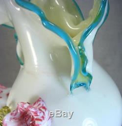 Victorian Art Glass Vase 3-D Spatter Flowers Applied Rigiree Leaves Czech EX