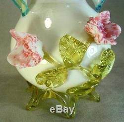 Victorian Art Glass Vase 3-D Spatter Flowers Applied Rigiree Leaves Czech EX