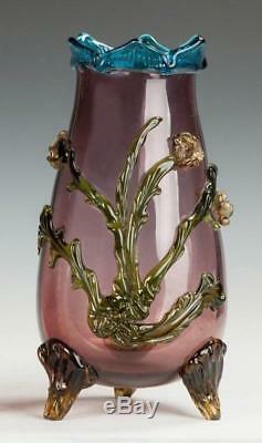 Victorian Art Glass Vase with Applied Flowers