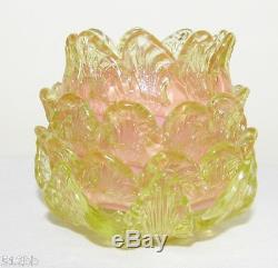 Victorian Art Glass Vaseline & Pink Applied Leaves Fairy Lamp Floriform