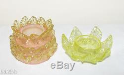 Victorian Art Glass Vaseline & Pink Applied Leaves Fairy Lamp Floriform