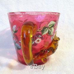 Victorian Art Glass vase with applied Salamander enamel painting Roses MOSER