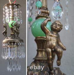 Victorian Art Nouveau Brass Cherub SWAG lamp crystal Jadeite green glass ball