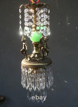 Victorian Art Nouveau Brass Cherub SWAG lamp crystal Jadeite green glass ball