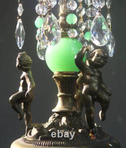 Victorian Art Nouveau Brass Cherub SWAG lamp crystal Jadeite green glass ball