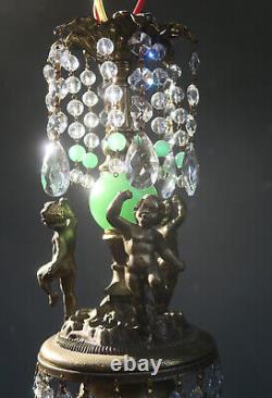 Victorian Art Nouveau Brass Cherub SWAG lamp crystal Jadeite green glass ball