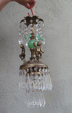 Victorian Art Nouveau Brass Cherub SWAG lamp crystal Jadeite green glass ball