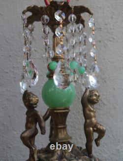 Victorian Art Nouveau Brass Cherub SWAG lamp crystal Jadeite green glass ball