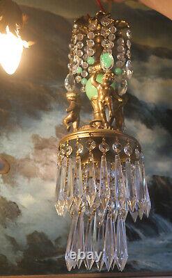 Victorian Art Nouveau Brass Cherub SWAG lamp crystal Jadeite green glass ball