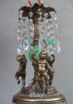 Victorian Art Nouveau Brass Cherub SWAG lamp crystal Jadeite green glass ball