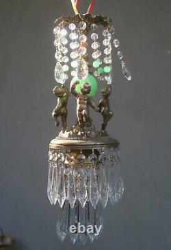 Victorian Art Nouveau Brass Cherub SWAG lamp crystal Jadeite green glass ball