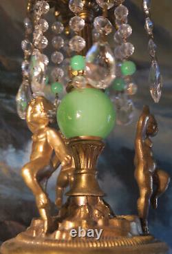 Victorian Art Nouveau Brass Cherub SWAG lamp crystal Jadeite green glass ball