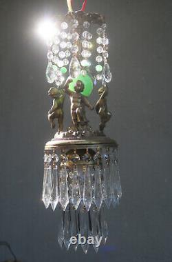 Victorian Art Nouveau Brass Cherub SWAG lamp crystal Jadeite green glass ball