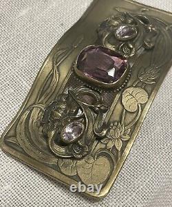 Victorian Art Nouveau Brass Sash Brooch Floral Lily Pad Lotus Blossom 3 Length