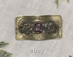 Victorian Art Nouveau Brass Sash Brooch Floral Lily Pad Lotus Blossom 3 Length