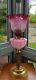 Victorian Art Nouveau Cranberry Red Pink Flowers Etched Glass Oil Lamp & Shade