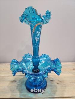 Victorian Art Nouveau Epergne Enameled Blue Ruffled Vase And Bowl Signed 15 Victorian Art Nouveau Epergne Enameled Blue Ruffled Vase And Bowl Signed 15