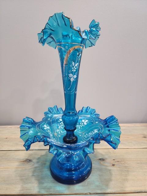 Victorian Art Nouveau Epergne Enameled Blue Ruffled Vase And Bowl Signed 15