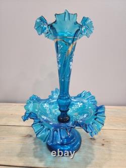 Victorian Art Nouveau Epergne Enameled Blue Ruffled Vase And Bowl Signed 15 Victorian Art Nouveau Epergne Enameled Blue Ruffled Vase And Bowl Signed 15
