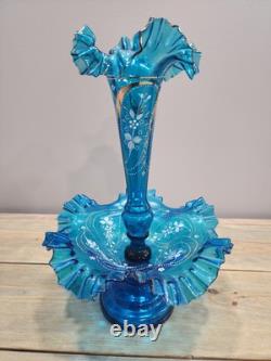 Victorian Art Nouveau Epergne Enameled Blue Ruffled Vase And Bowl Signed 15 Victorian Art Nouveau Epergne Enameled Blue Ruffled Vase And Bowl Signed 15