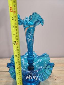 Victorian Art Nouveau Epergne Enameled Blue Ruffled Vase And Bowl Signed 15 Victorian Art Nouveau Epergne Enameled Blue Ruffled Vase And Bowl Signed 15