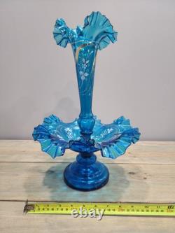 Victorian Art Nouveau Epergne Enameled Blue Ruffled Vase And Bowl Signed 15 Victorian Art Nouveau Epergne Enameled Blue Ruffled Vase And Bowl Signed 15