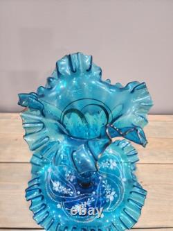 Victorian Art Nouveau Epergne Enameled Blue Ruffled Vase And Bowl Signed 15 Victorian Art Nouveau Epergne Enameled Blue Ruffled Vase And Bowl Signed 15