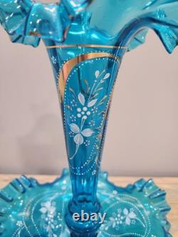 Victorian Art Nouveau Epergne Enameled Blue Ruffled Vase And Bowl Signed 15 Victorian Art Nouveau Epergne Enameled Blue Ruffled Vase And Bowl Signed 15