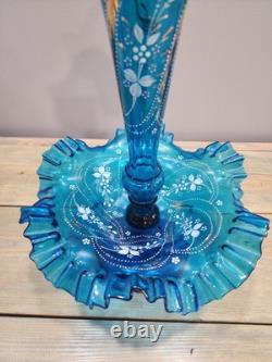 Victorian Art Nouveau Epergne Enameled Blue Ruffled Vase And Bowl Signed 15 Victorian Art Nouveau Epergne Enameled Blue Ruffled Vase And Bowl Signed 15