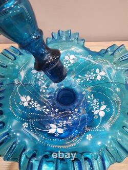 Victorian Art Nouveau Epergne Enameled Blue Ruffled Vase And Bowl Signed 15 Victorian Art Nouveau Epergne Enameled Blue Ruffled Vase And Bowl Signed 15