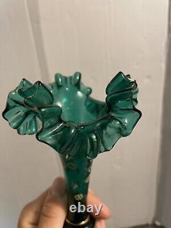 Victorian Art Nouveau Epergne Enameled Green Ruffled Vase Only Missing Bowl