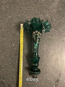 Victorian Art Nouveau Epergne Enameled Green Ruffled Vase Only Missing Bowl