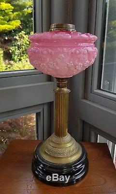 Victorian Art Nouveau Floral Cranberry Pink Relief Embossed Glass Oil Lamp Font