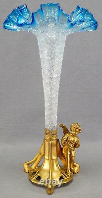 Victorian Art Nouveau Gilt Ormolu Cherub Base Blue Overshot Glass Trumpet Vase