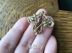 Victorian Art Nouveau Green Gold Filled Watch Pin Brooch Glass Garnet Antique