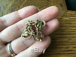 Victorian Art Nouveau Green Gold Filled Watch Pin Brooch Glass Garnet Antique