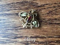 Victorian Art Nouveau Green Gold Filled Watch Pin Brooch Glass Garnet Antique