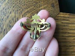 Victorian Art Nouveau Green Gold Filled Watch Pin Brooch Glass Garnet Antique