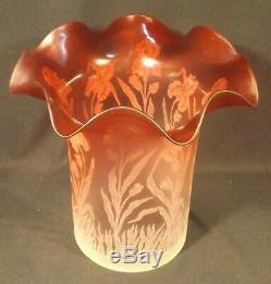 Victorian Art Nouveau Large Florals Etched Ruby Glass Gasolier Light Shade