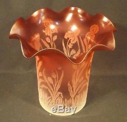 Victorian Art Nouveau Large Florals Etched Ruby Glass Gasolier Light Shade